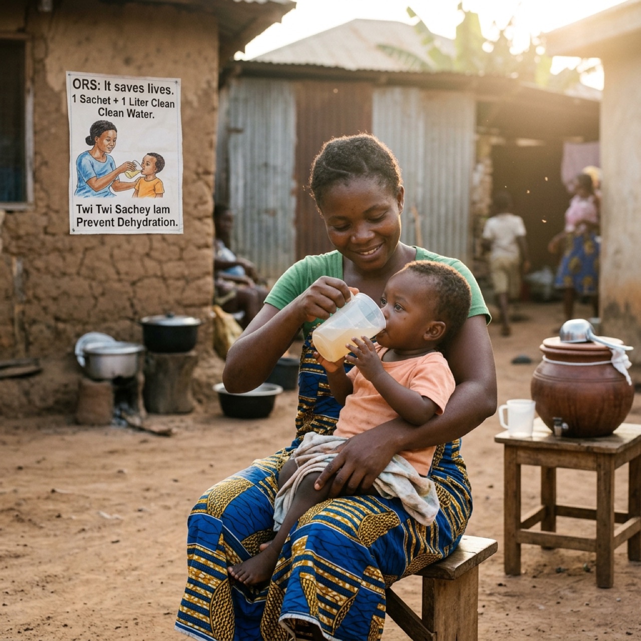 Une mère donne minutieusement une solution de réhydratation orale (SRO) à son enfant avec une tasse propre en Afrique de l'Ouest