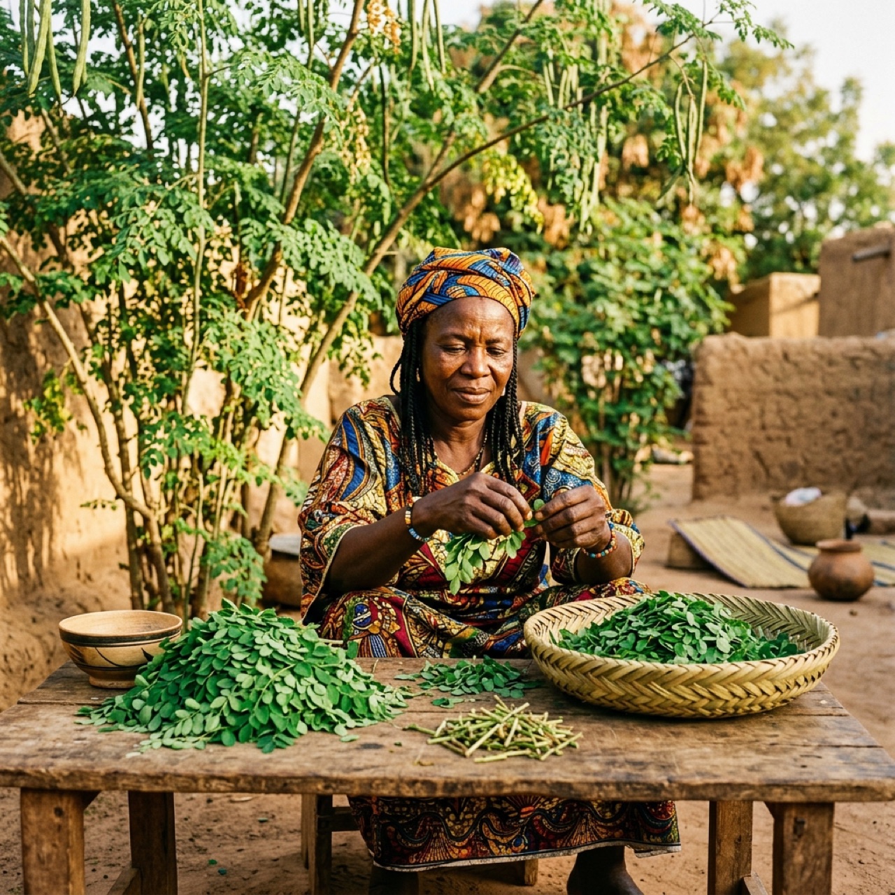 Une femme nigérienne trie des feuilles de moringa fraîches dans sa cour, avec l'arbre en arrière-plan