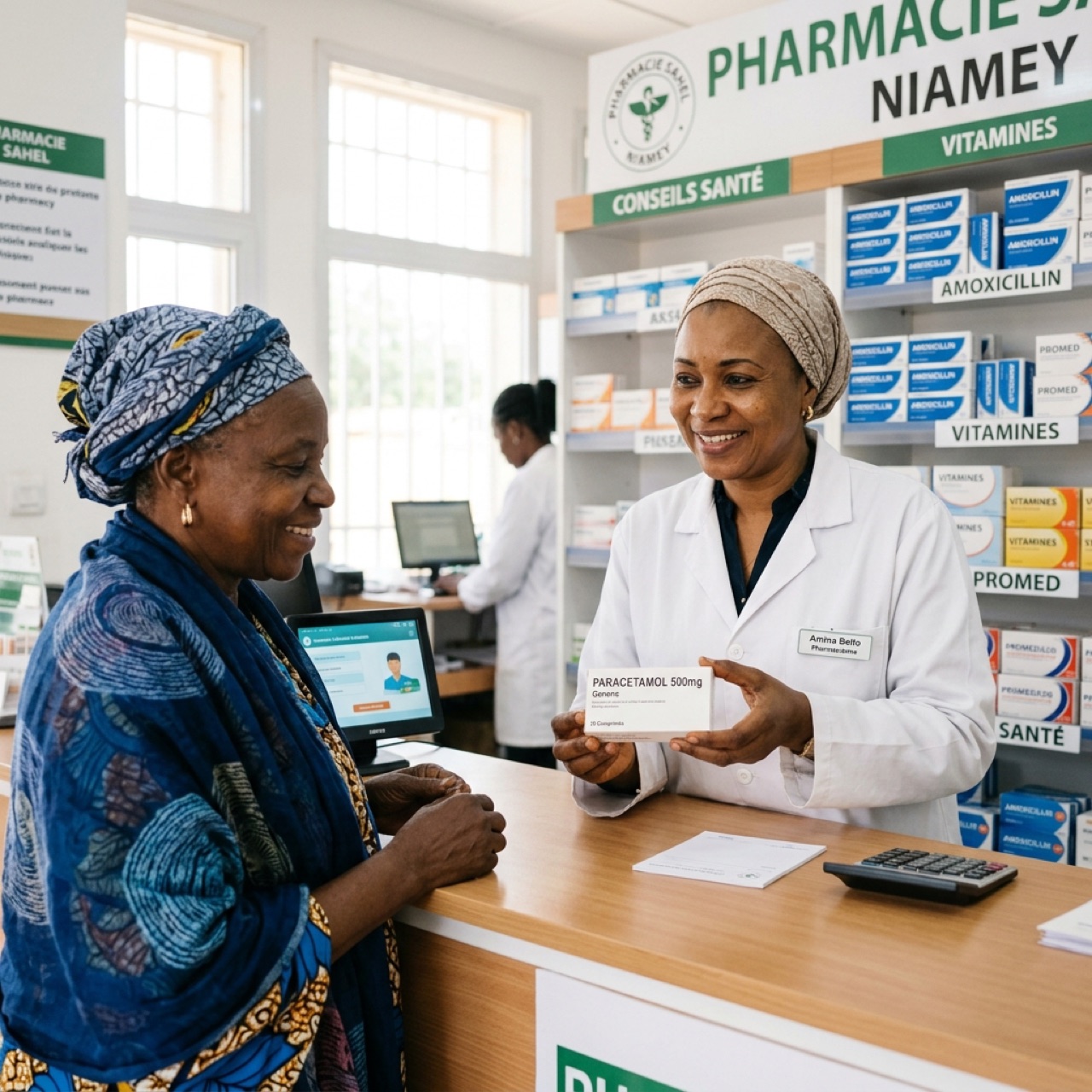Une pharmacienne de Niamey présente un médicament générique à sa patiente en officine