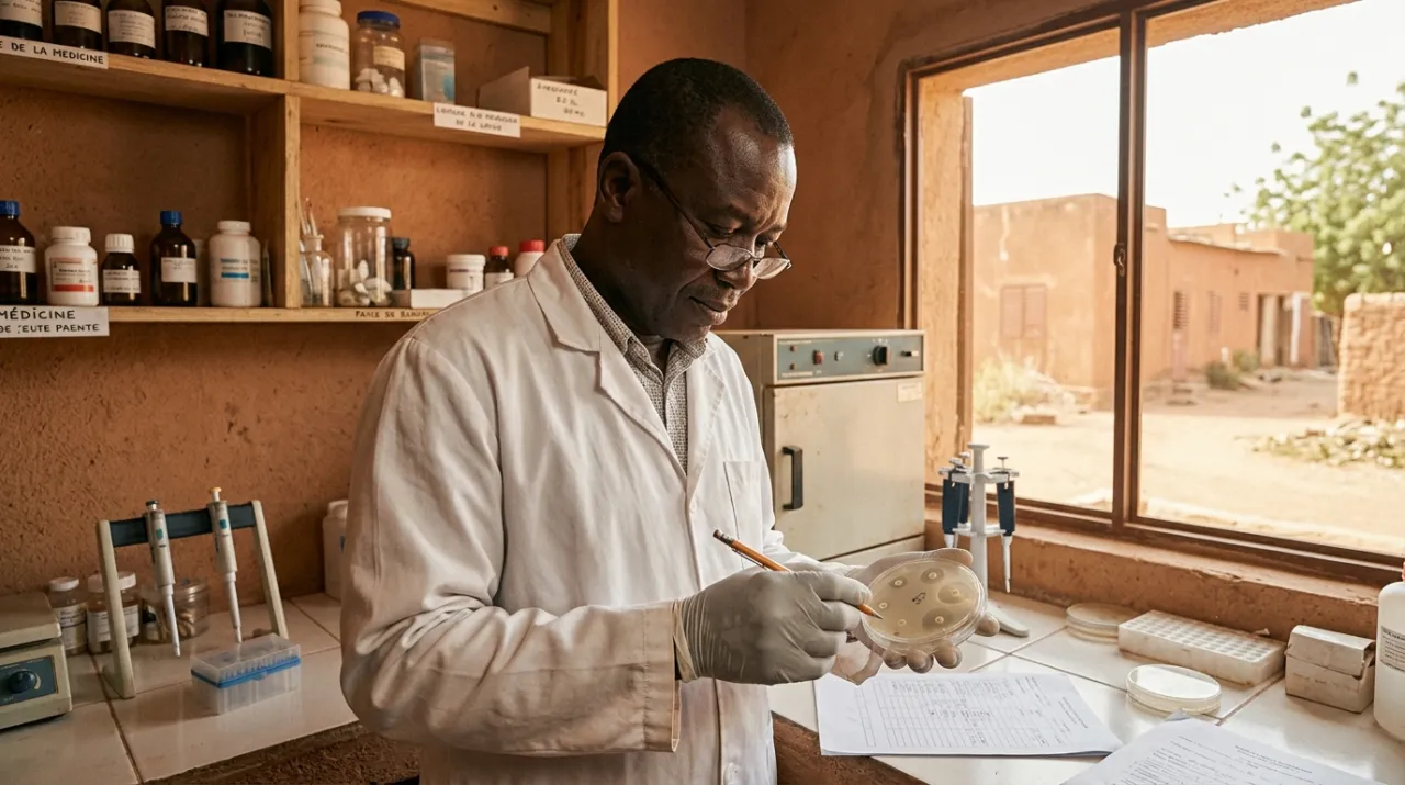 Biologiste en blouse blanche examinant un antibiogramme dans un laboratoire sahélien, murs en banco, lumière naturelle tamisée