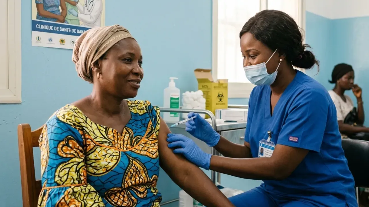 Agent de santé administrant un vaccin à une femme adulte dans un environnement clinique en Afrique de l'Ouest